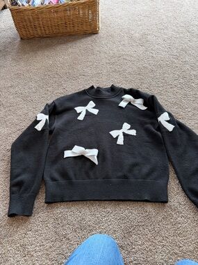 Karl Lagerfeld Black Crewneck Sweater with White Bow Appliqués